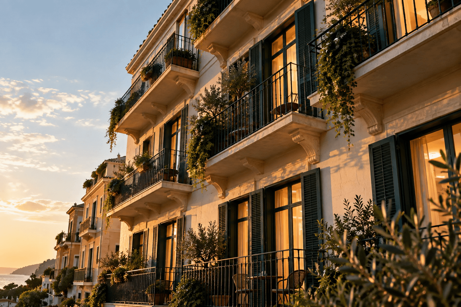 Sunlit balconies and warm windows at an independent guesthouse.